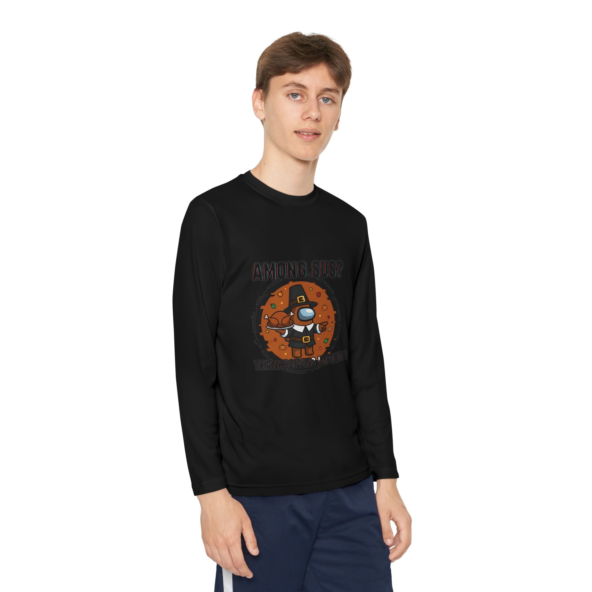 Among Sus? Thanksgiving Impostor Youth Tee, Fun Youth T-Shirt, Gamer Apparel for Kids, Long Sleeve Graphic Tee, Funny Thanksgiving Gift
