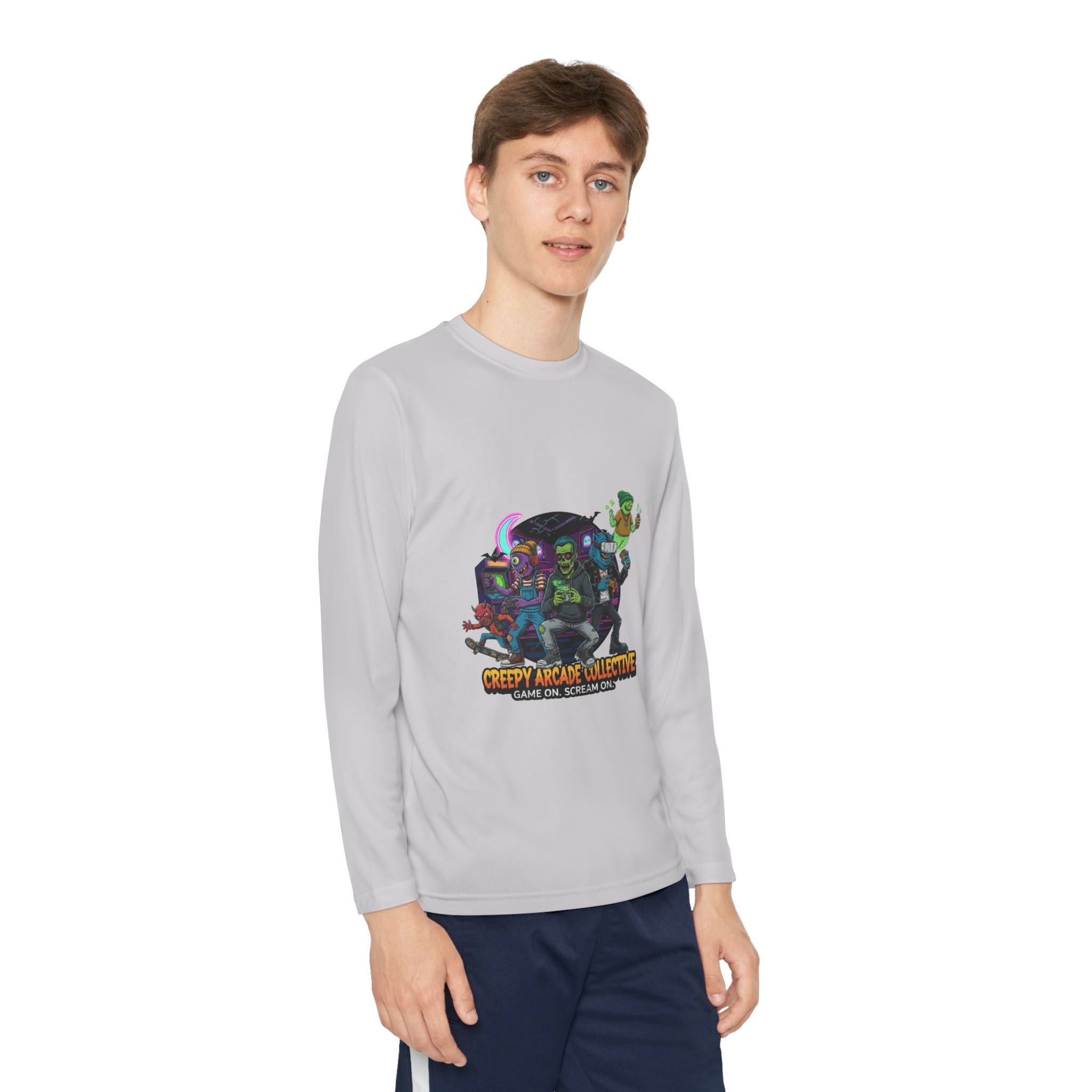 Creepy Arcade Collecting Youth Long Sleeve Tee, Kids Gamer Shirt, Halloween Costume, Teen Casual Wear, Fantasy T-Shirt