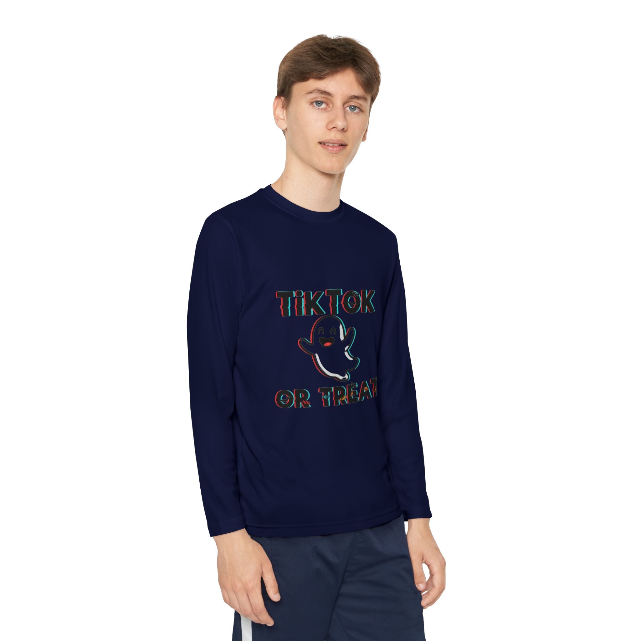 TikTok Halloween Long Sleeve Tee, Youth Costume Shirt, Spooky Apparel, Trick or Treat Top, Youth Ghost Halloween Shirt