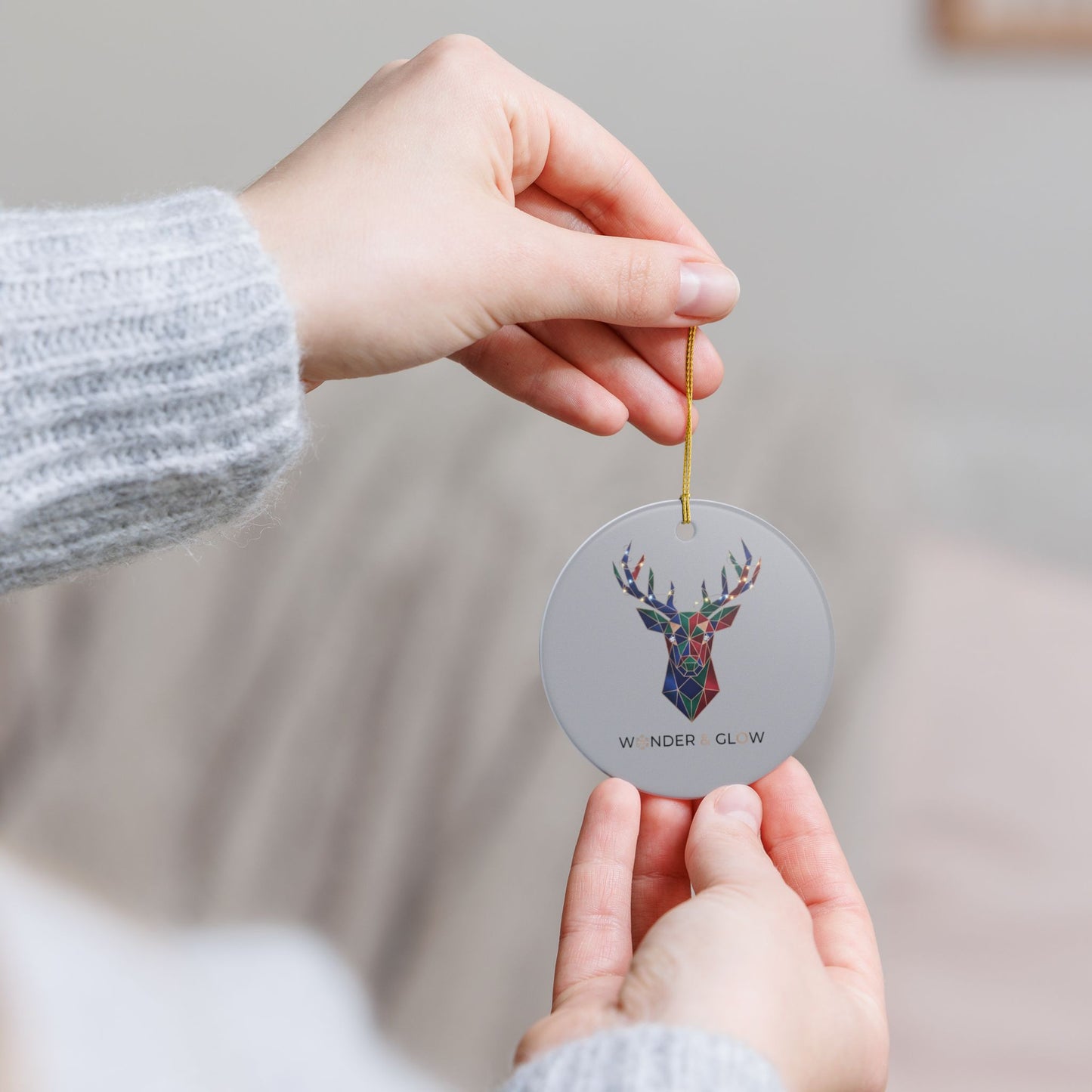 Geometric Reindeer Ceramic Ornament — 'Wonder & Glow' Holiday Decoration