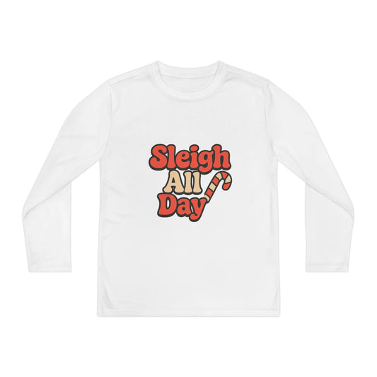 Youth Long Sleeve Tee — "Sleigh All Day" Christmas Candy Cane Holiday Shirt