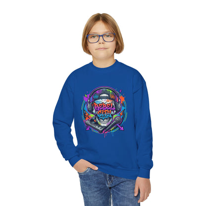 Youth Crewneck Sweatshirt — Neon spray paint rebel Skull 'Rebel With A Cause' Graphic