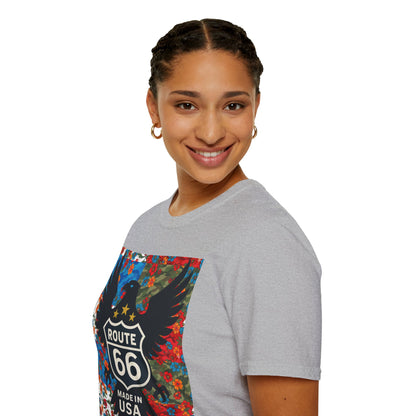 Route 66 Made in USA T-Shirt — Vintage Eagle Floral Roadtrip Tee- camo flower combo T-shirt