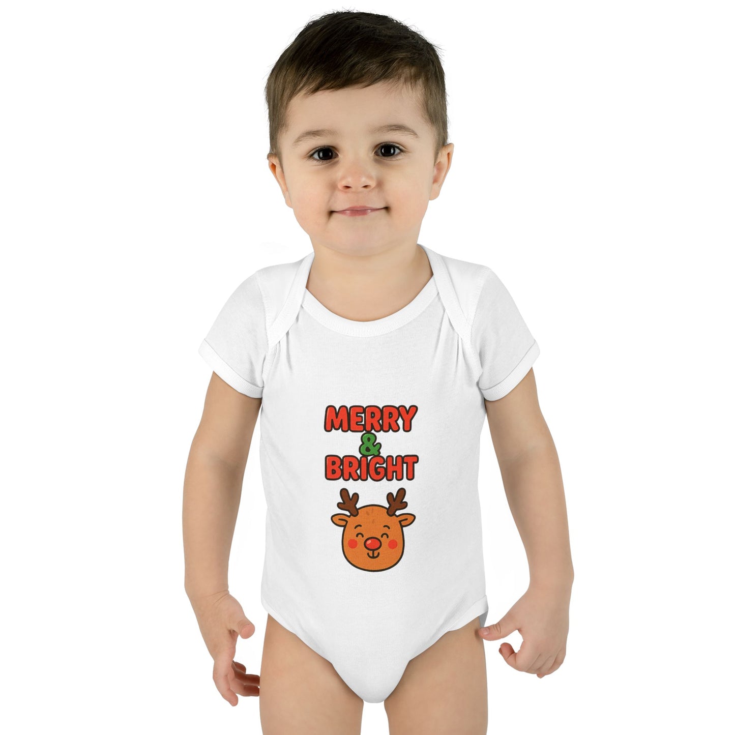 Merry & Bright Baby Bodysuit - Cute Reindeer Christmas Infant Onesie