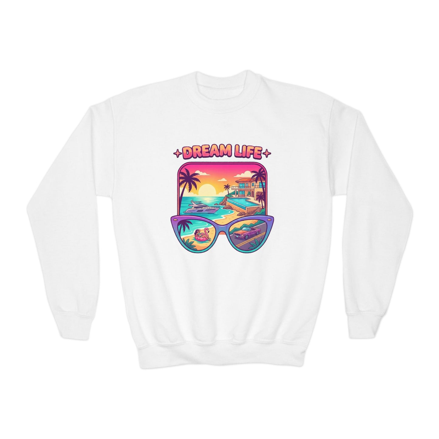Girls Youth Crewneck Sweatshirt - "Dream Life" Tropical Sunset Graphic
