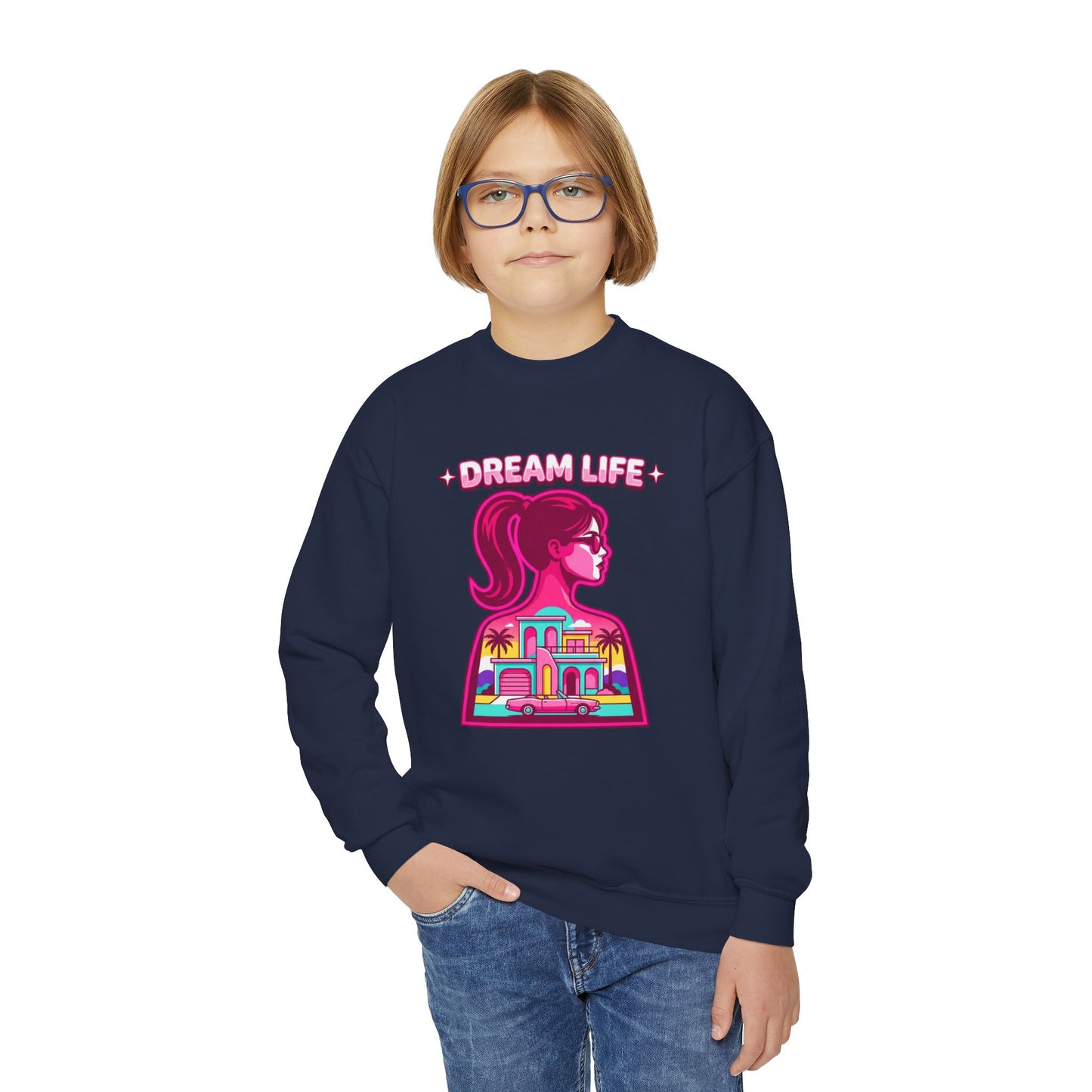 “Dream Life” girls “Barbie style” Youth Crewneck Sweatshirt — Retro Sunset Girl Graphic