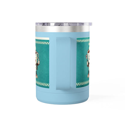 Perky’s Cafe KS Retro Teal 15oz Stainless Tumbler w/ Handle-  Mug Tumbler — Cute Smiling Coffee Cup Character, 15oz Travel Mug (free shipping)