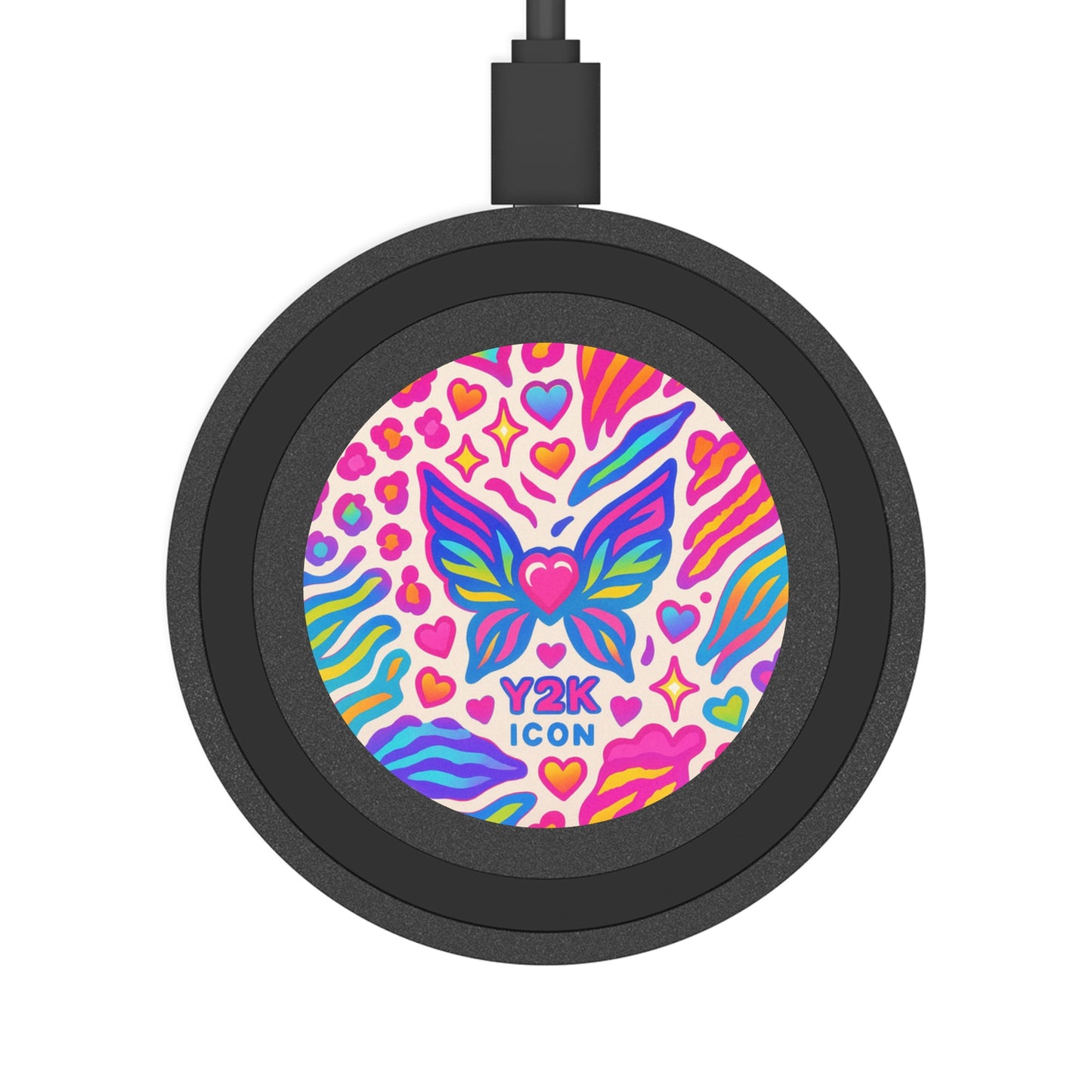 Animal Print with Y2K Butterfly Wireless Charging Pad — Colorful Y2K Butterfly Heart Design (free Shipping)