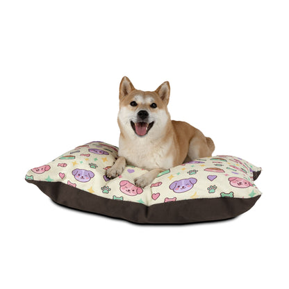 Cute Pastel Puppy Pattern Pet Bed — Soft Plush Dog Pillow with Food & Bone Design
