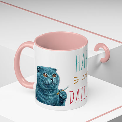 Happy and Dazzling Accent Coffee Mug — Cute Cat Art, Motivational Tea & Coffee Cup (free shipping)