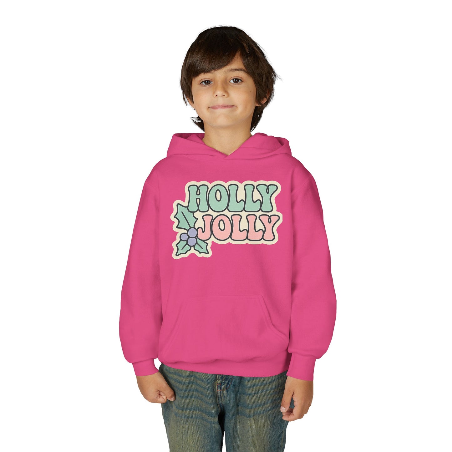Girls Youth Hoodie — 'Holly Jolly' Pastel Christmas Holiday Sweatshirt