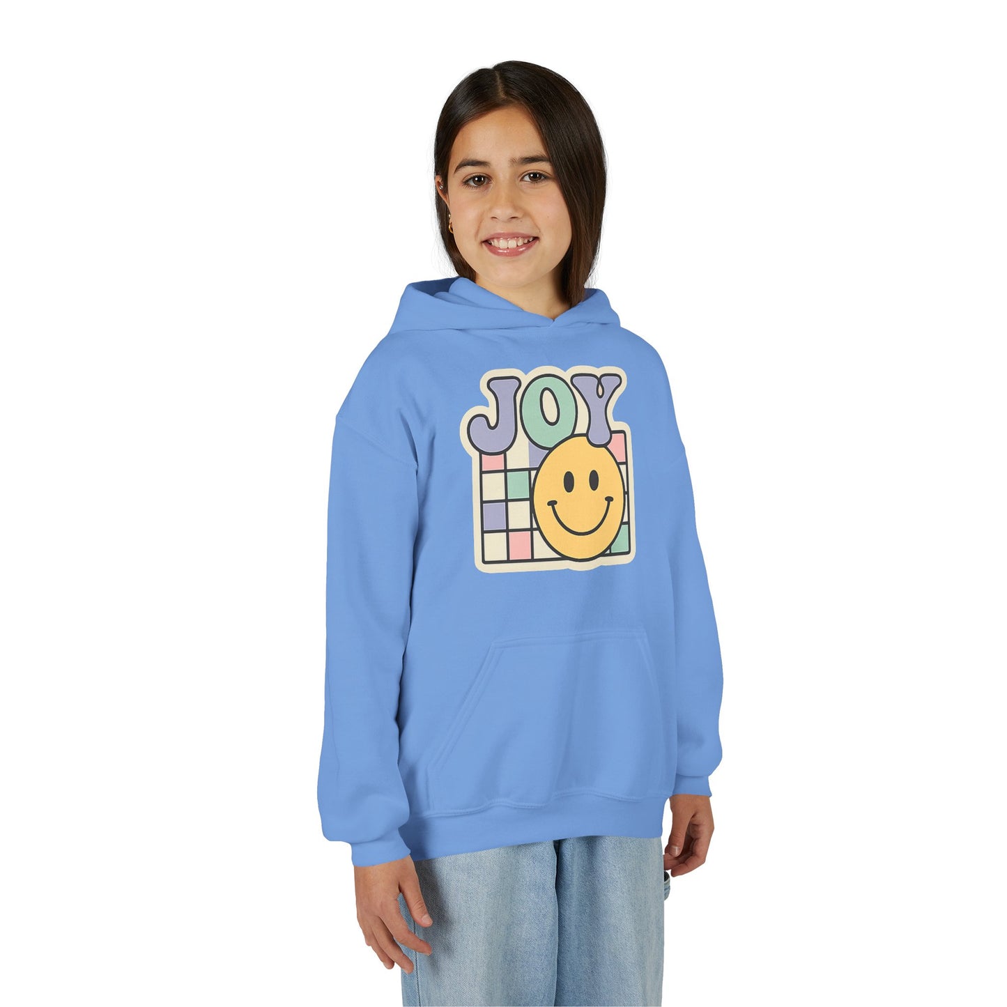 Girls Youth Hoodie – Retro 'JOY' Smiley Graphic Kids Sweatshirt