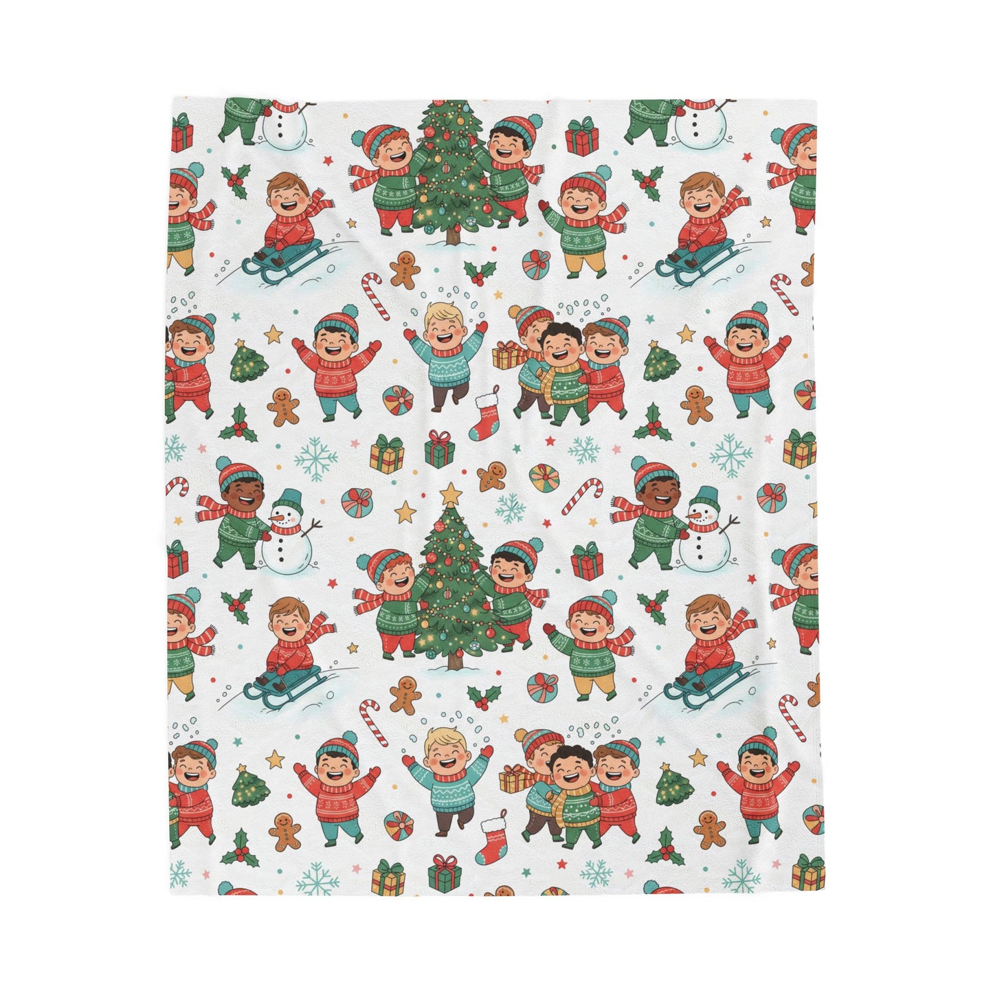 Boy's Christmas Kids Pattern Velveteen Plush Blanket – Festive Tree, Snowman & Carolers Throw