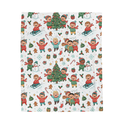 Boy's Christmas Kids Pattern Velveteen Plush Blanket – Festive Tree, Snowman & Carolers Throw
