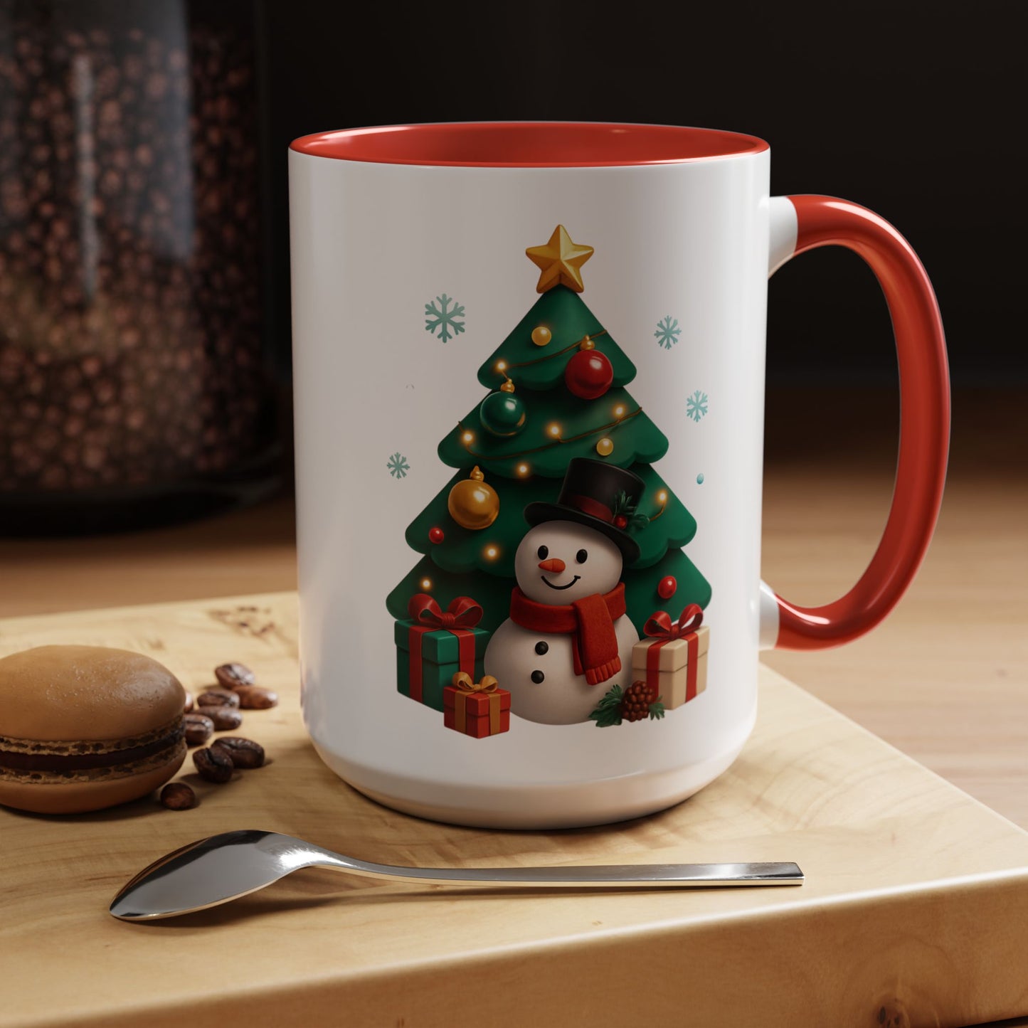 Christmas Tree & Snowman Accent Coffee Mug — Festive Holiday 11/15oz Ceramic