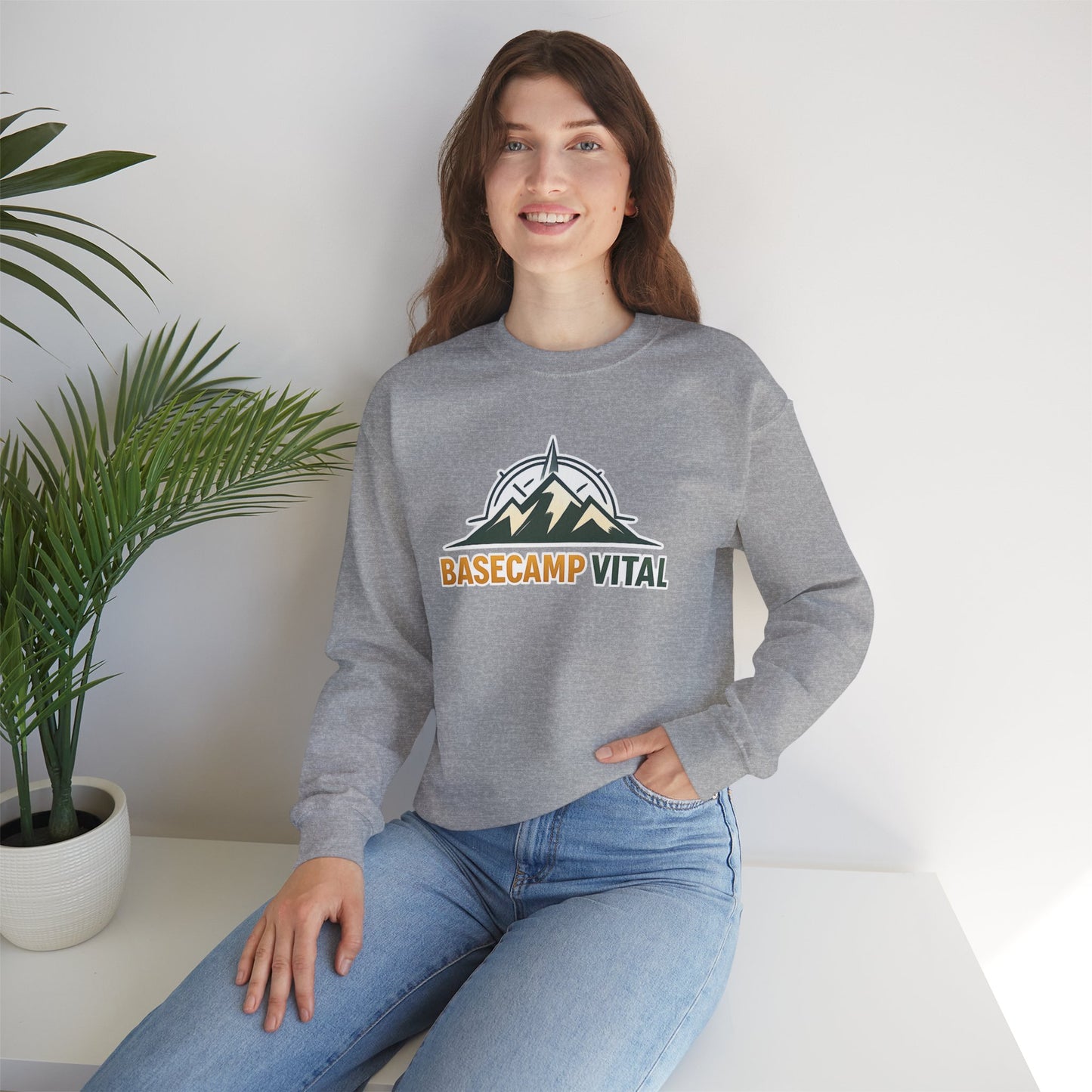 Base Camp Vital Mountain Embroidered Crewneck Sweatshirt | Cozy Hiking & Camping Pullover | 50/50 Midweight  Vital Mountain Crewneck Sweatshirt — Outdoor Adventure Logo Pullover (free shipping)