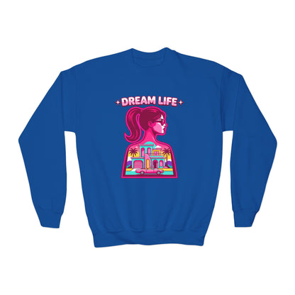 “Dream Life” girls “Barbie style” Youth Crewneck Sweatshirt — Retro Sunset Girl Graphic