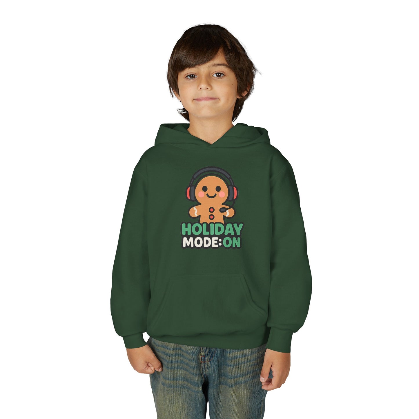 Youth Hoodie — 'Holiday Mode On' Gingerbread Headphone Christmas Sweatshirt