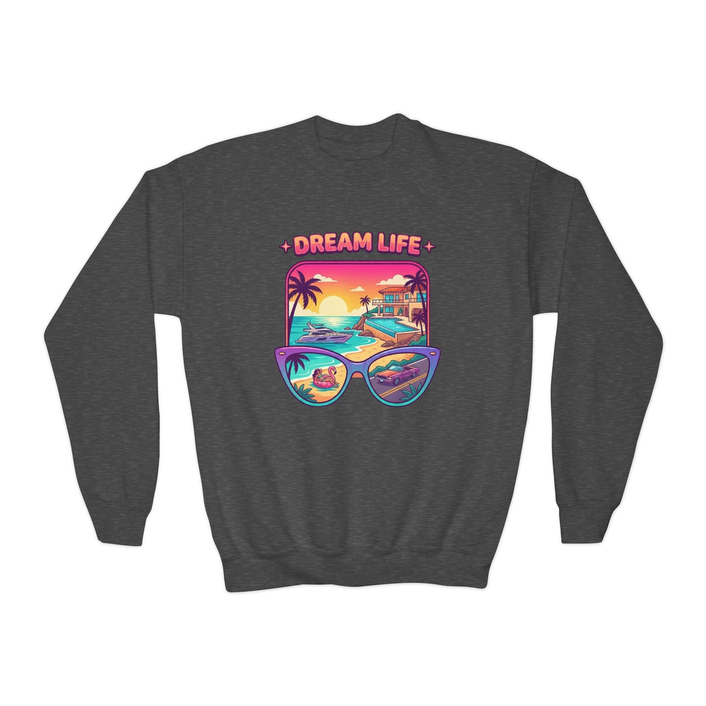 Girls Youth Crewneck Sweatshirt - "Dream Life" Tropical Sunset Graphic