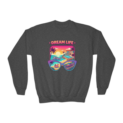 Girls Youth Crewneck Sweatshirt - "Dream Life" Tropical Sunset Graphic