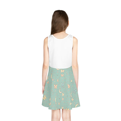 Girls' Moon & Butterfly Sundress — Aqua Patterned Sleeveless Dress