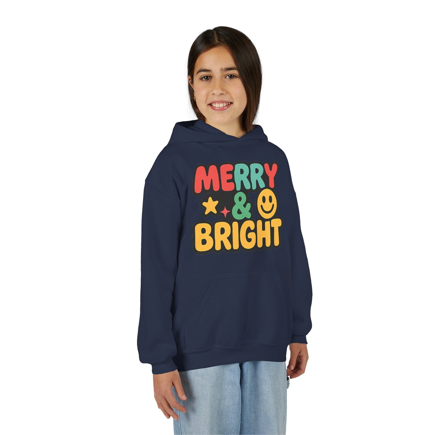 Youth Hoodie — 'Merry & Bright' Colorful Holiday Kids Sweatshirt