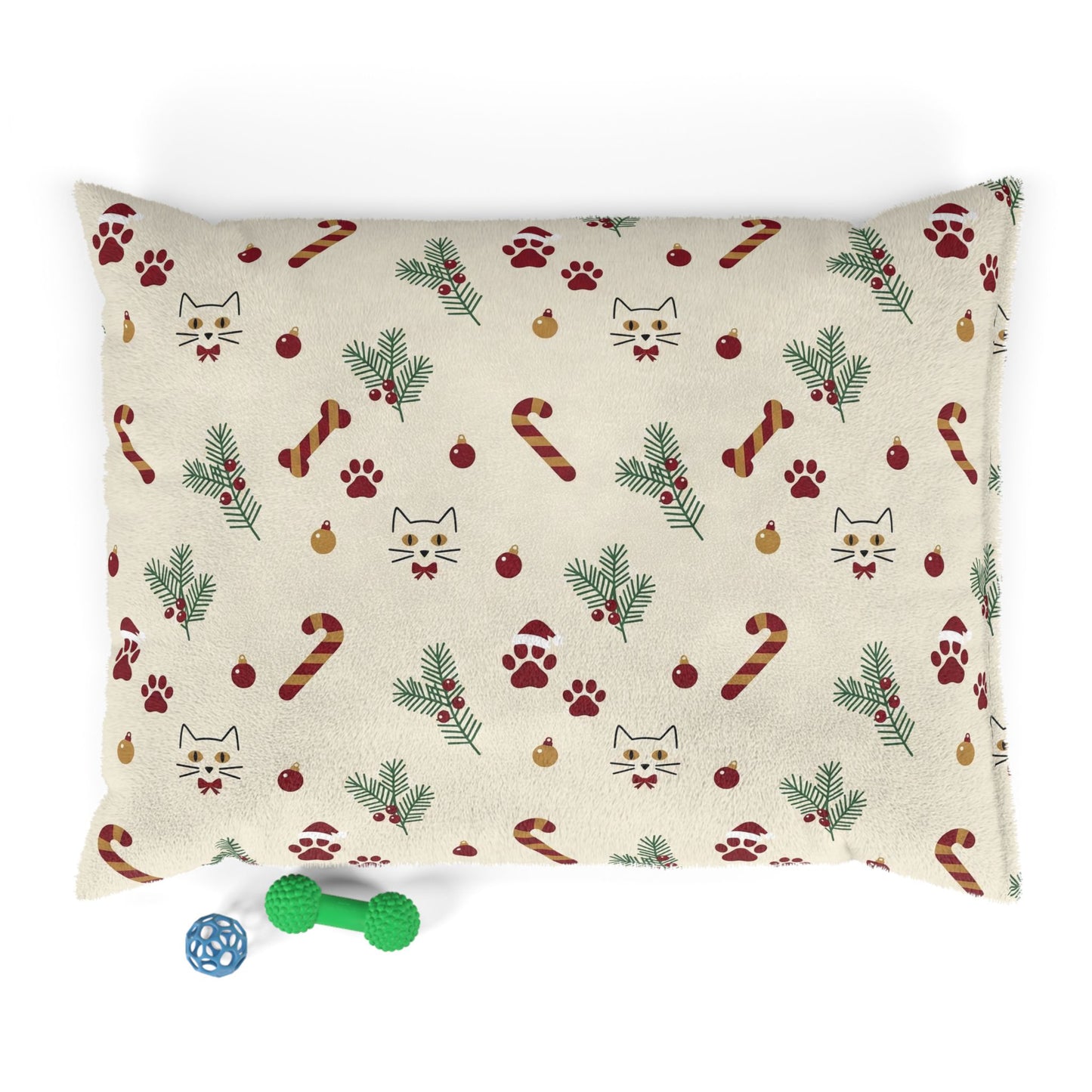 Holiday cat face cat Paw-Print Pet Bed — Festive Candy Cane & Pine Pattern for Cats & Dogs