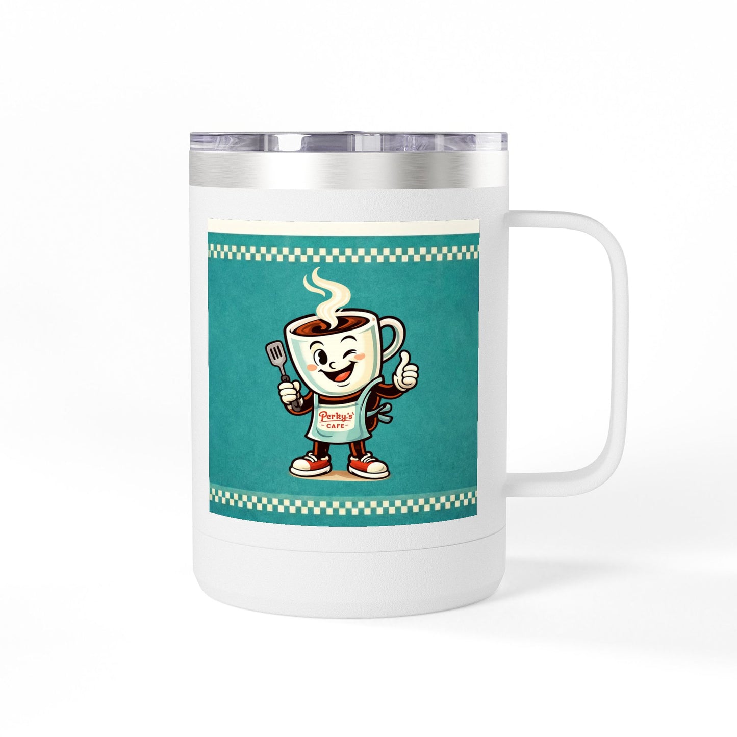 Perky’s Cafe KS Retro Teal 15oz Stainless Tumbler w/ Handle-  Mug Tumbler — Cute Smiling Coffee Cup Character, 15oz Travel Mug (free shipping)