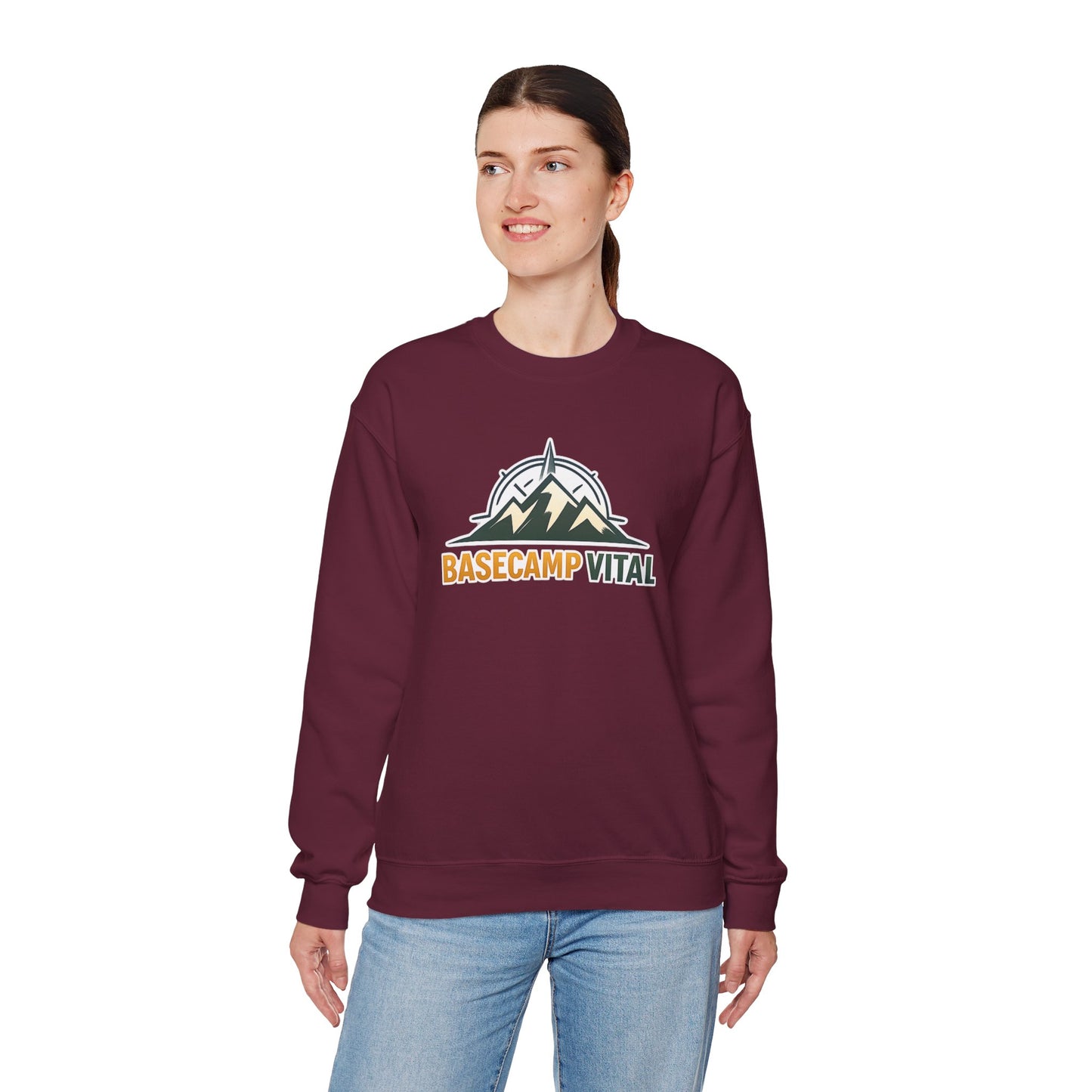 Base Camp Vital Mountain Embroidered Crewneck Sweatshirt | Cozy Hiking & Camping Pullover | 50/50 Midweight  Vital Mountain Crewneck Sweatshirt — Outdoor Adventure Logo Pullover (free shipping)
