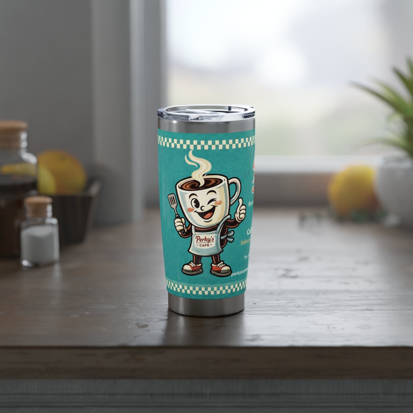 Perky’s Cafe KS retro teal 20oz stainless steel tumbler with sliding lid - Coffee Mug Tumbler — Perky’s Café 20oz Insulated Travel Cup (free shipping)