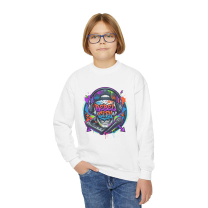 Youth Crewneck Sweatshirt — Neon spray paint rebel Skull 'Rebel With A Cause' Graphic