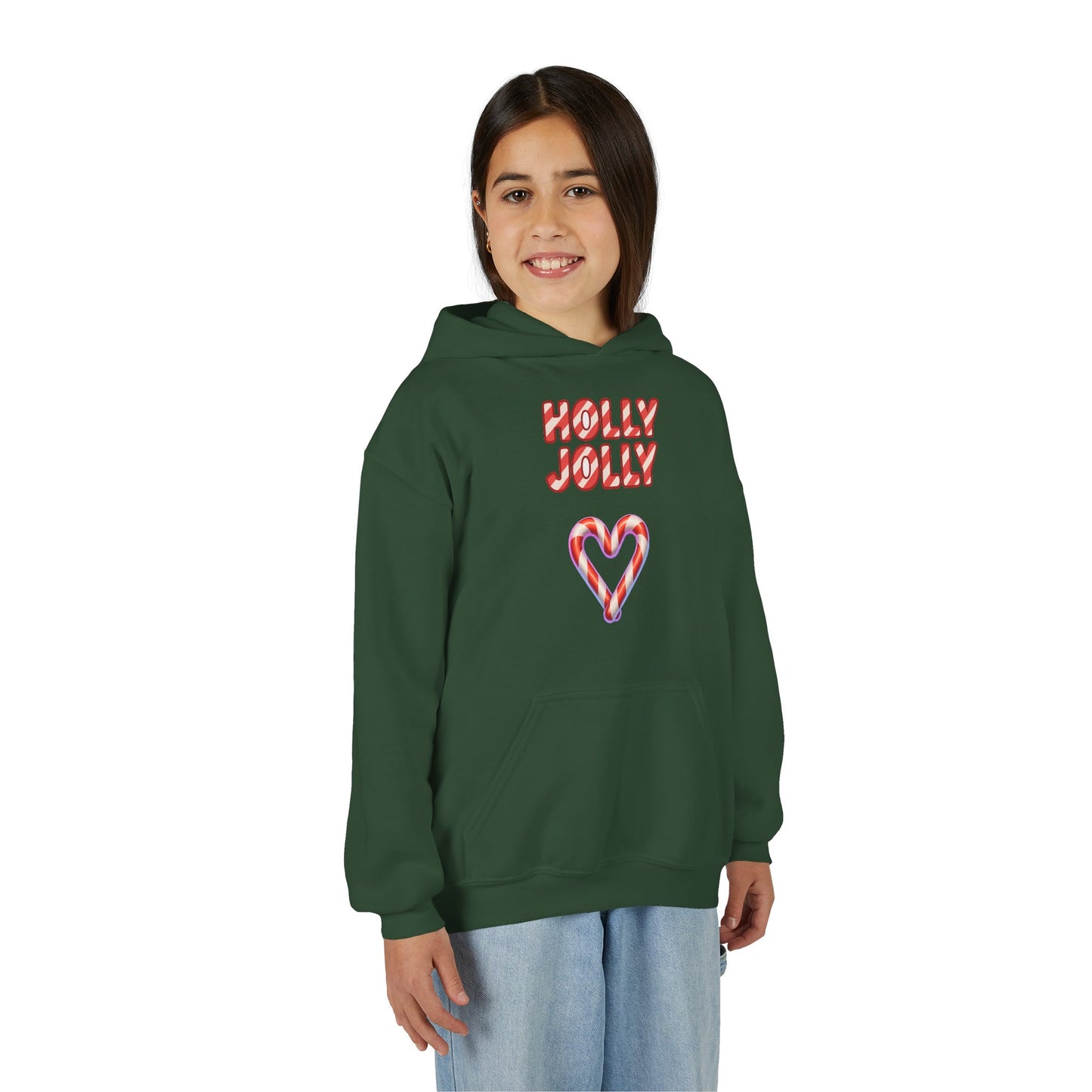 Youth Hoodie — "Holly Jolly" Candy Cane Heart Christmas Sweatshirt