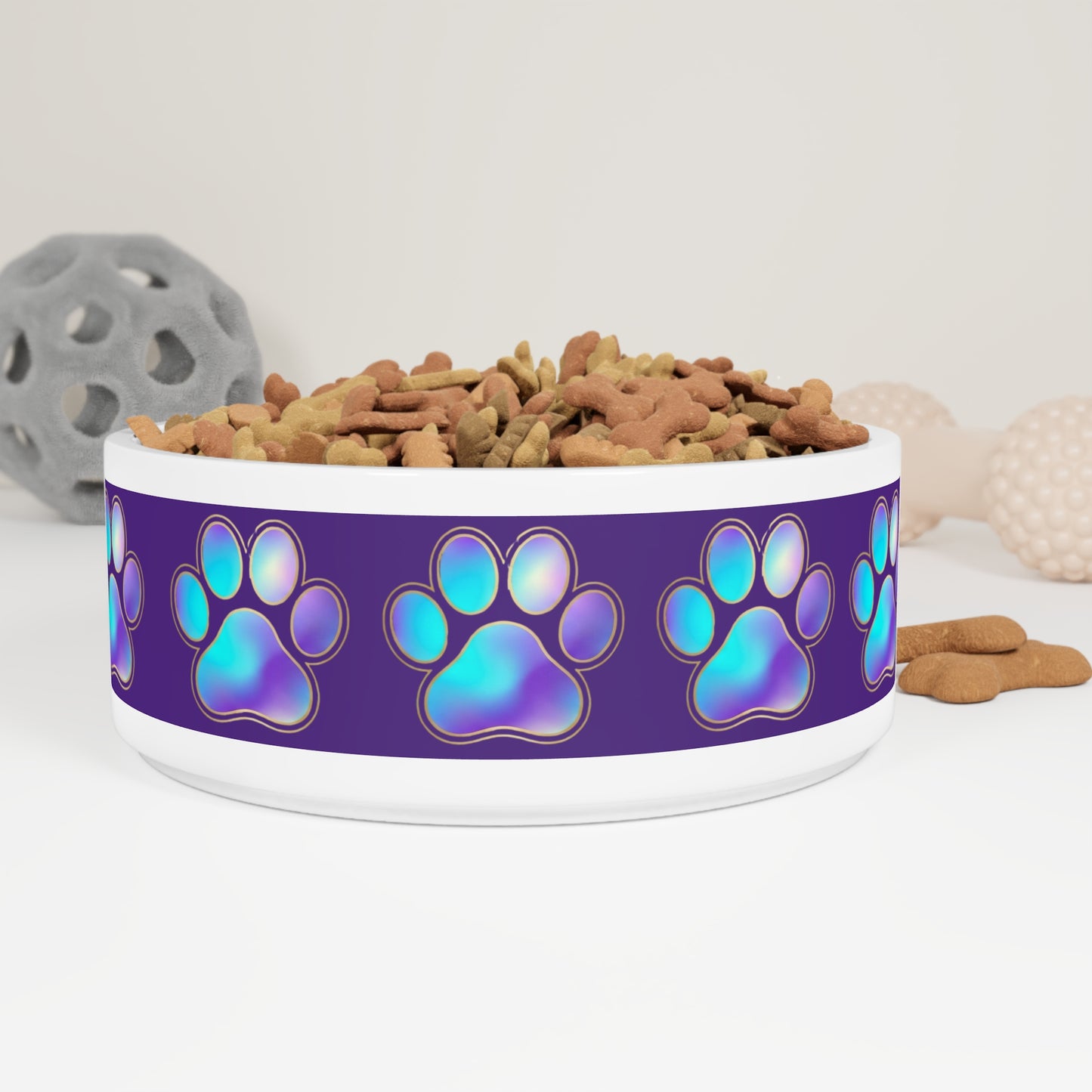 Paw Print Ceramic Pet Bowl — Iridescent Blue Purple Paw Pattern