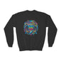 Youth Crewneck Sweatshirt — Vibrant Retro Boombox “Rebel With” spray paint Graphic