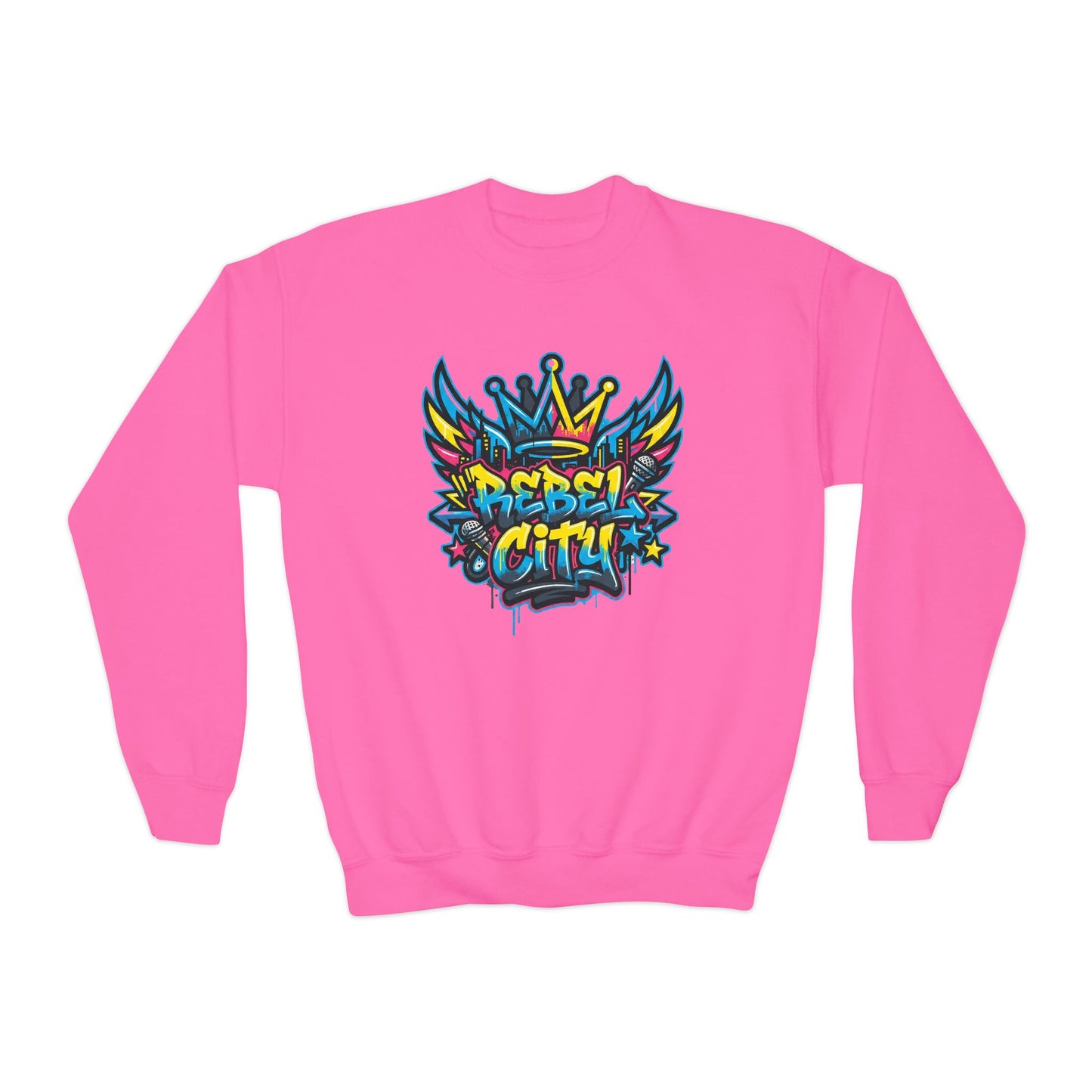 Youth Crewneck spray paint style- Sweatshirt - Colorful Rebel City Graffiti Crown Design
