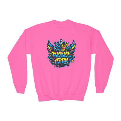 Youth Crewneck spray paint style- Sweatshirt - Colorful Rebel City Graffiti Crown Design