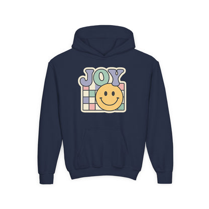 Girls Youth Hoodie – Retro 'JOY' Smiley Graphic Kids Sweatshirt
