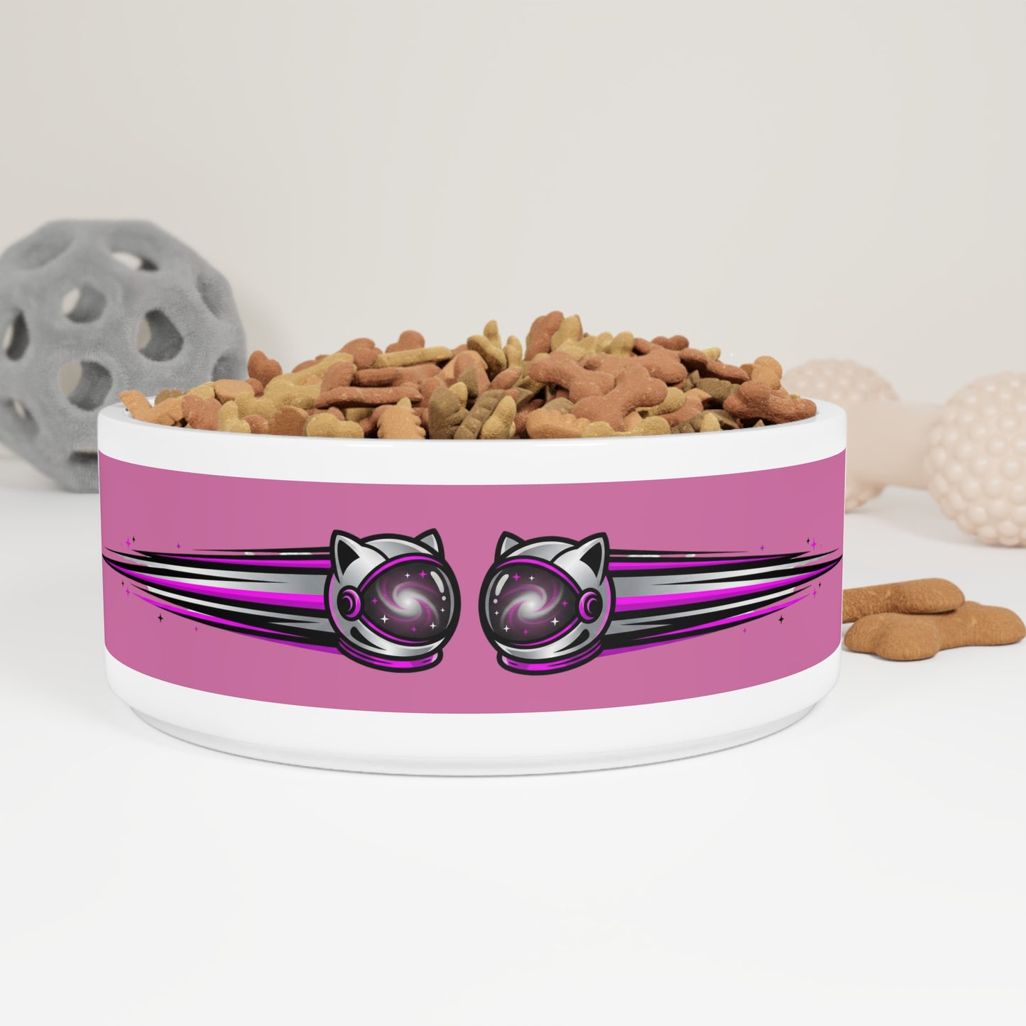Pink Retro space galaxy Cat Helmet Pet Bowl — Cute Space Cat Food & Water Dish