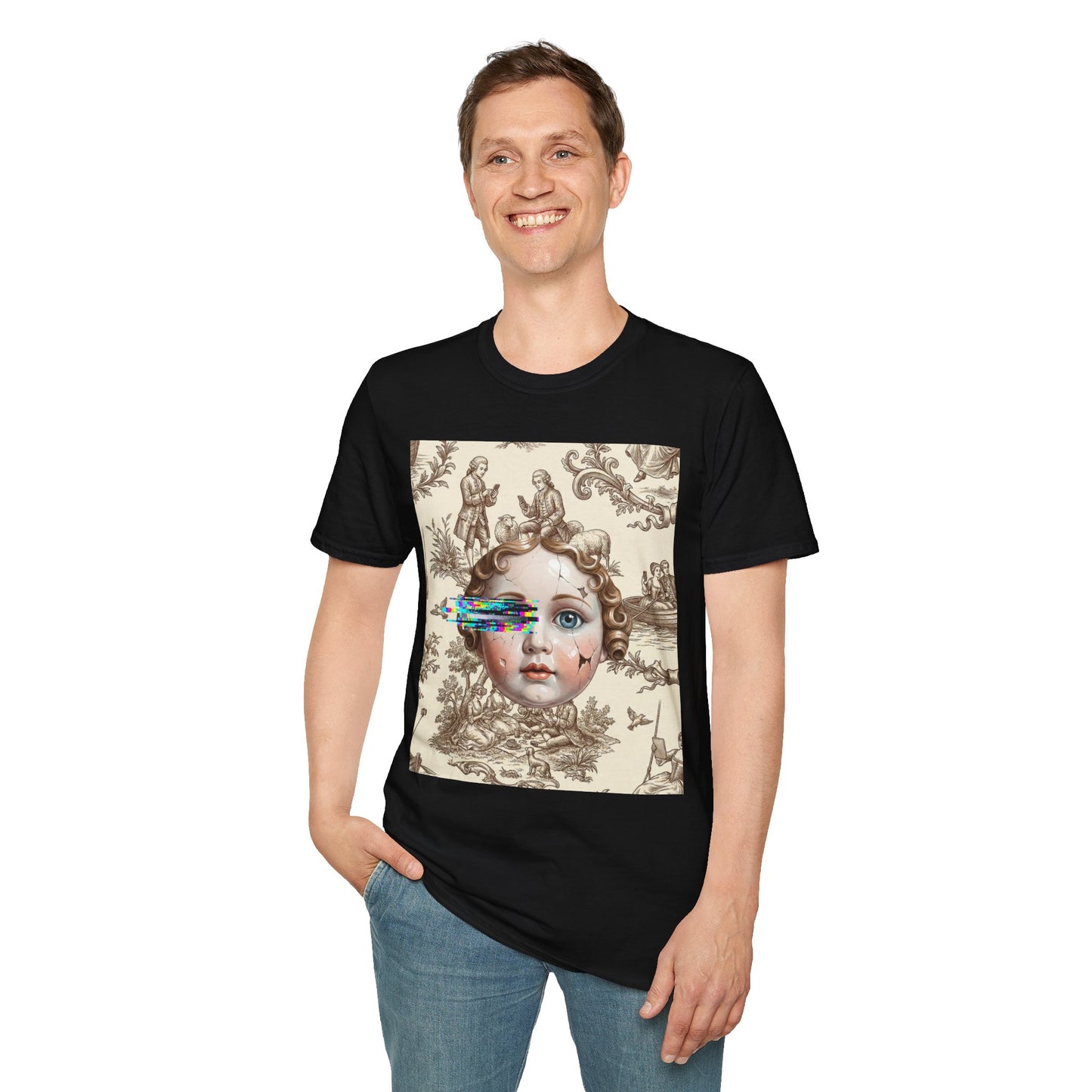 Vintage Doll Face Tee with Glitch Paint Splash