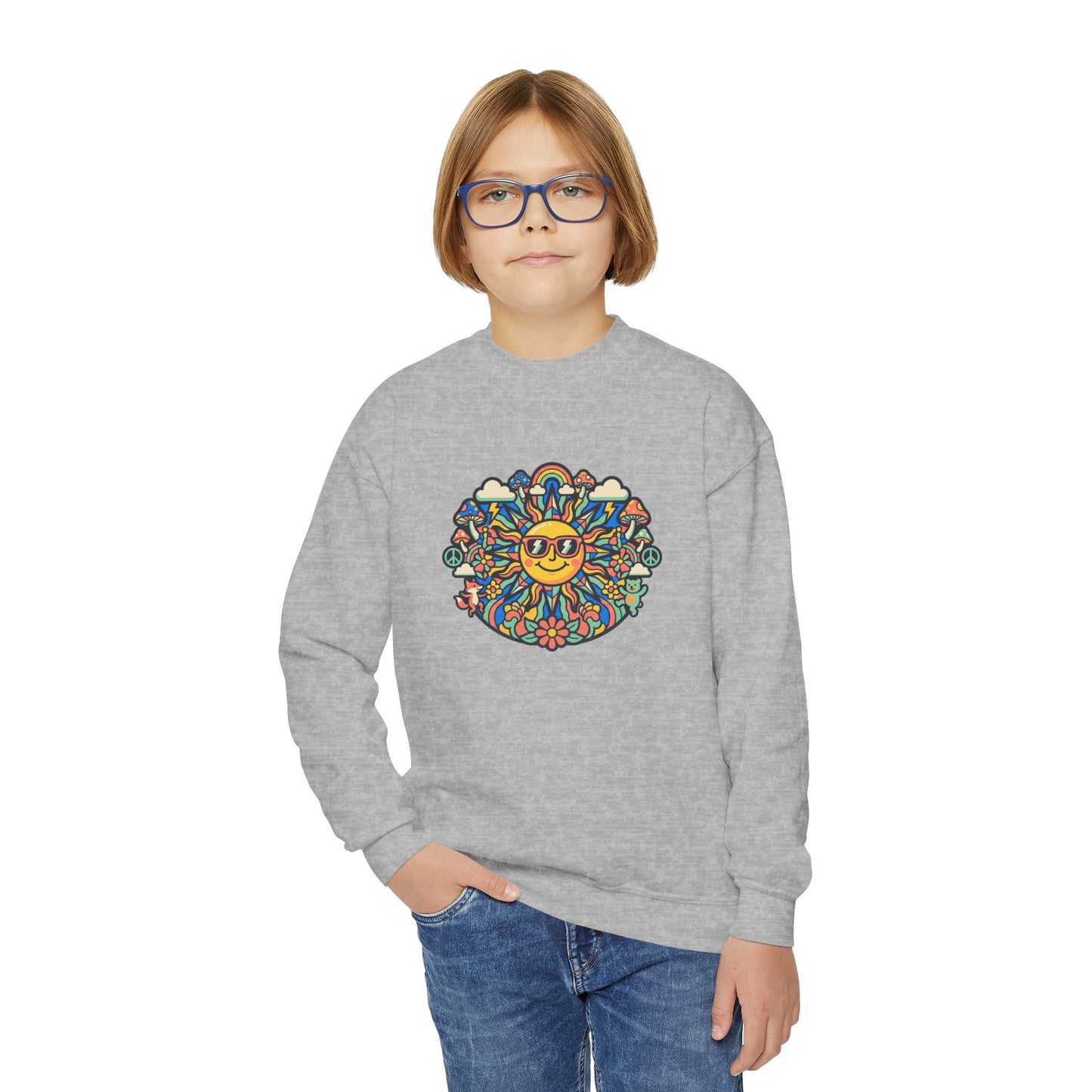 Youth Y2K Aesthetic - Crewneck Sweatshirt — Colorful Retro Sun & Floral Graphic