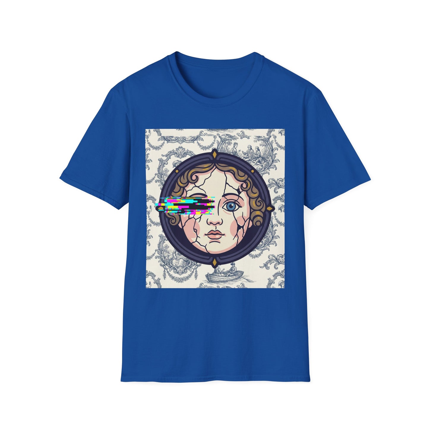 Glitch retro cracked porcelain doll face- Rococo Smartphone Toile - T-Shirt — Retro Mythology Art Tee