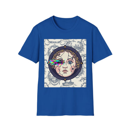 Glitch retro cracked porcelain doll face- Rococo Smartphone Toile - T-Shirt — Retro Mythology Art Tee