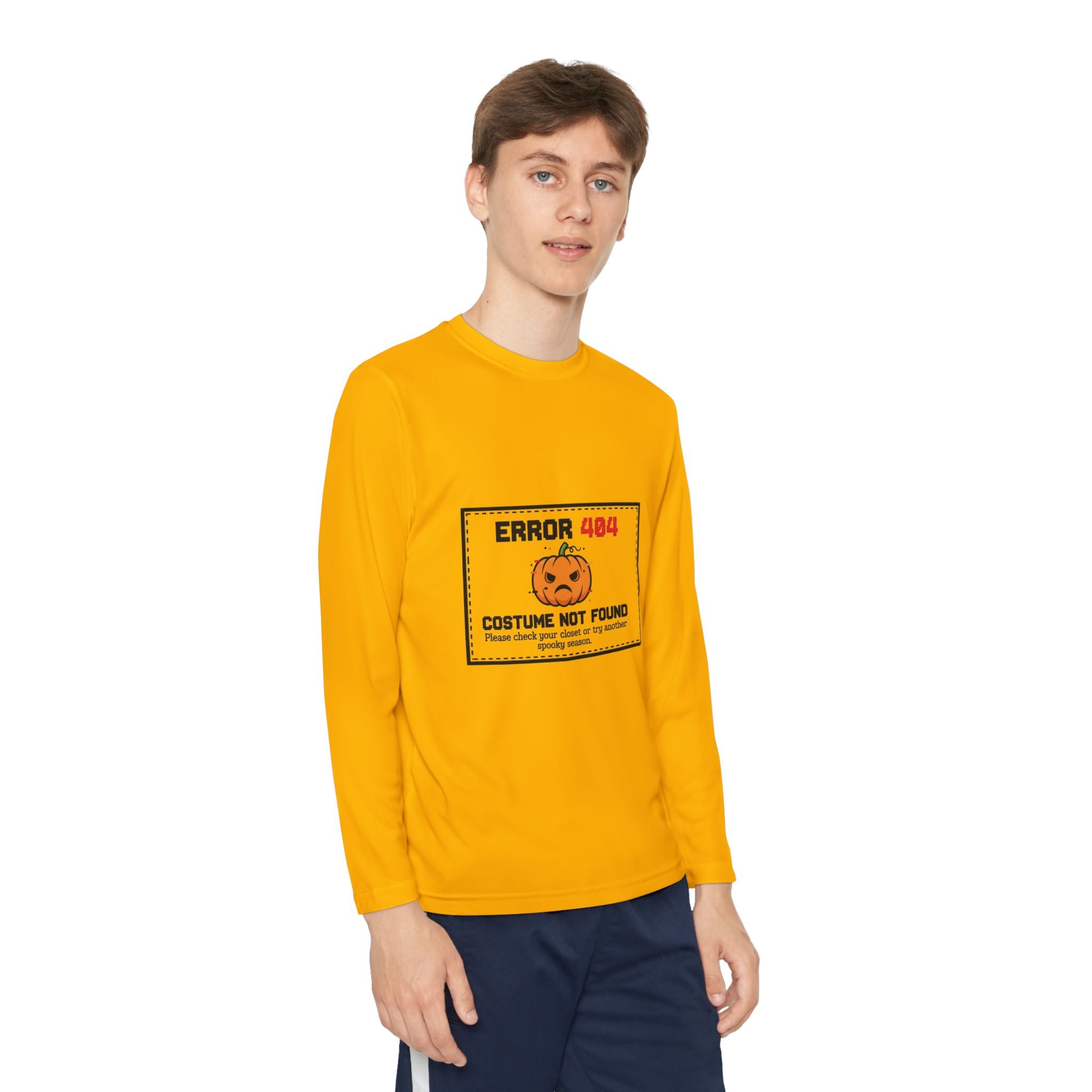 Youth Long Sleeve Halloween Tee, Kids Costume Shirt, Spooky Error 404 Top, Funny Trick-or-Treat Apparel, Halloween Party Outfit