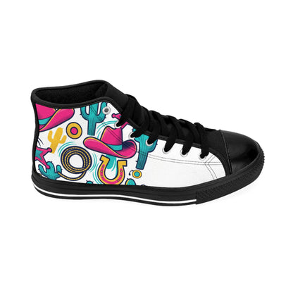 Men's High-Top Sneakers — Colorful Retro Western Pattern (Cowboy Hat, Cactus, Horseshoe) (free shipping)