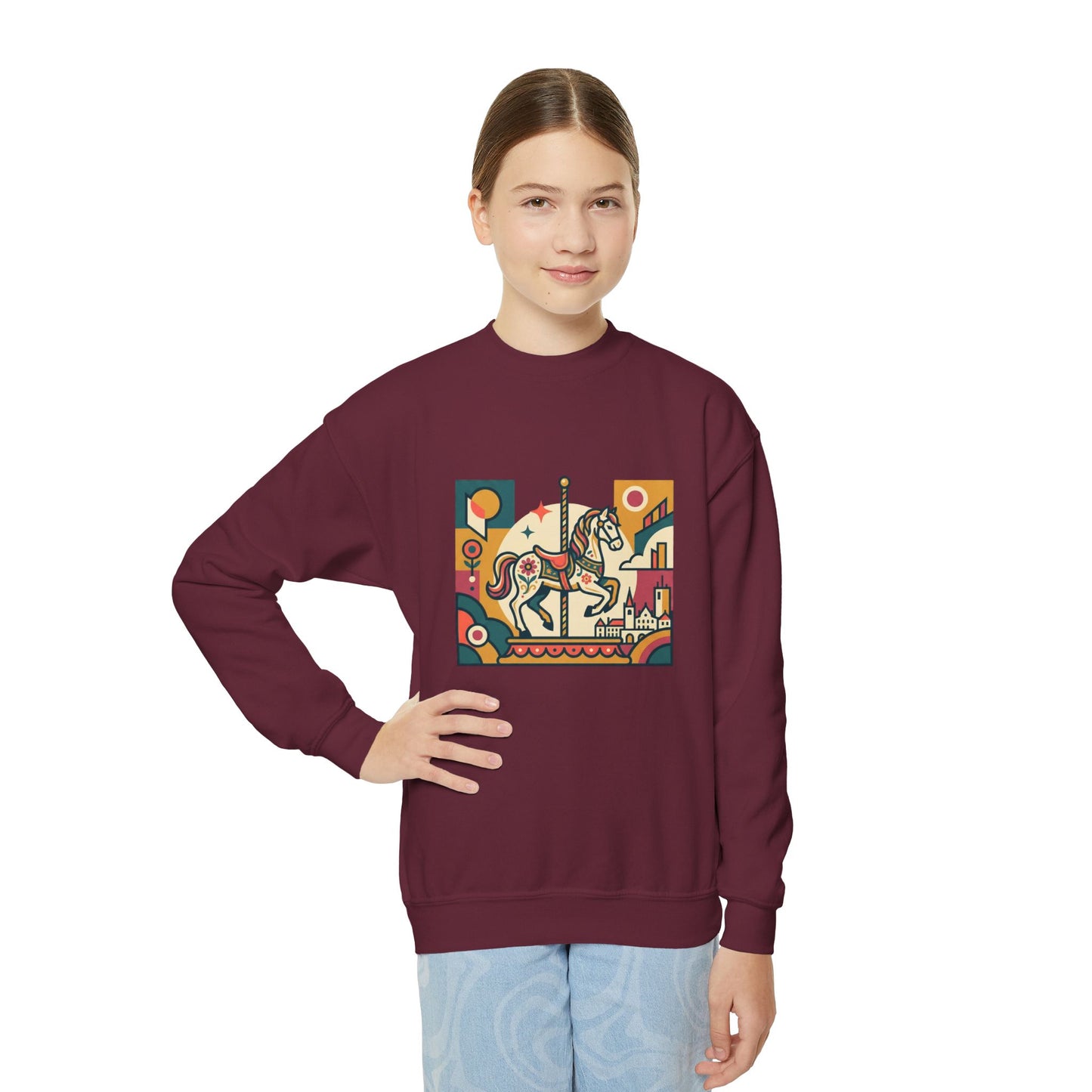 Youth Crewneck Sweatshirt — Retro Carousel Horse Graphic