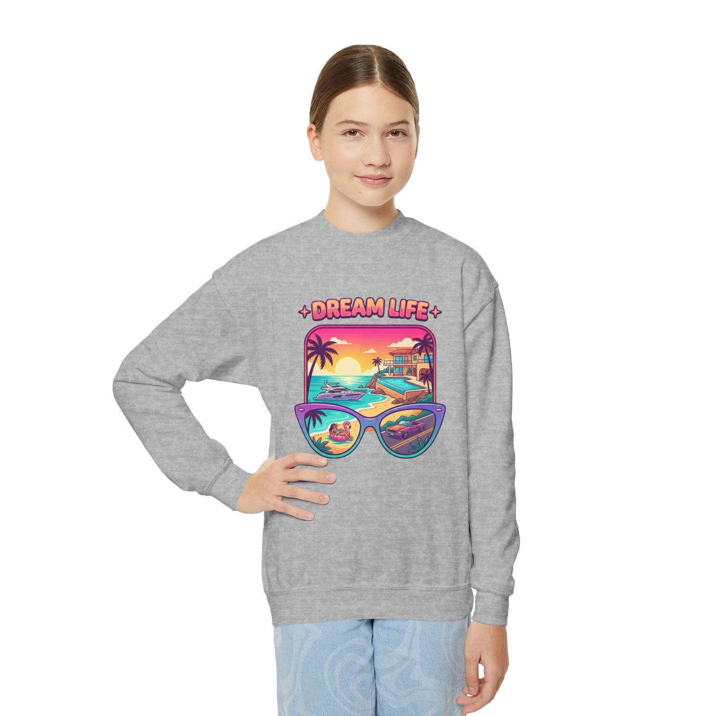 Girls Youth Crewneck Sweatshirt - "Dream Life" Tropical Sunset Graphic