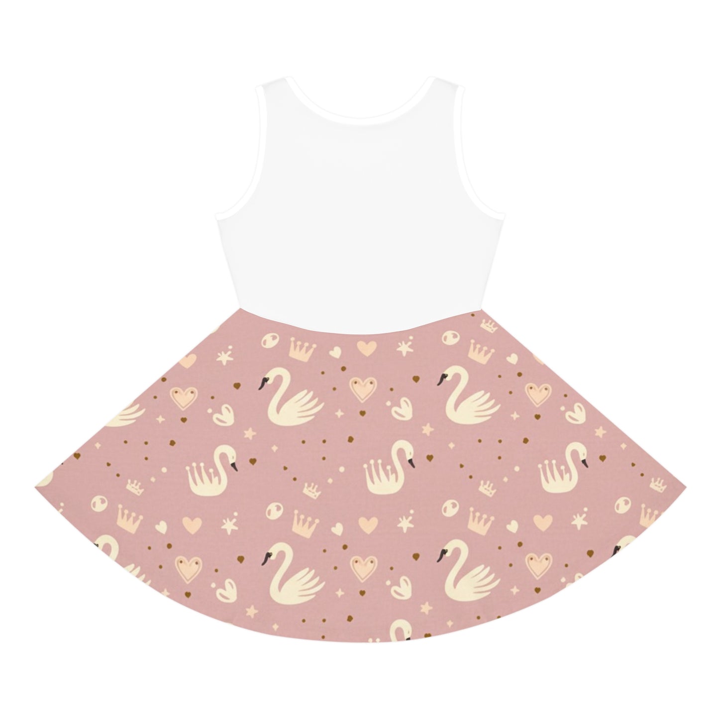 Girls' Pink Swan Princess Sundress — Sleeveless Twirl Dress with Crown & Heart Pattern