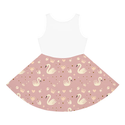 Girls' Pink Swan Princess Sundress — Sleeveless Twirl Dress with Crown & Heart Pattern