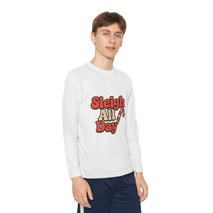 Youth Long Sleeve Tee — "Sleigh All Day" Christmas Candy Cane Holiday Shirt