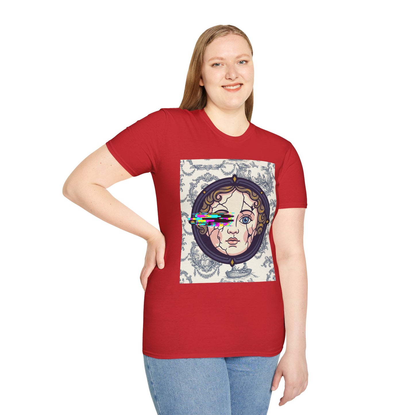Glitch retro cracked porcelain doll face- Rococo Smartphone Toile - T-Shirt — Retro Mythology Art Tee